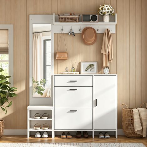 Appendiabiti da ingresso in MDF bianco con 6 ganci, specchio e scarpiera con panca, 140 x 30 x 200 cm (1/5)