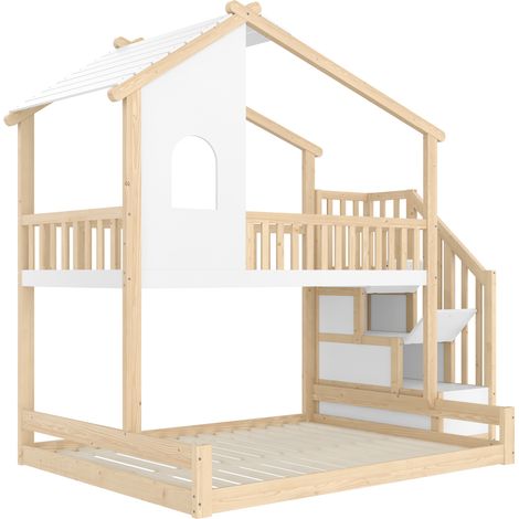 Lit mezzanine cabane 90x200 cm + 140x200 cm avec barrière et escalier de rangement (1/5)