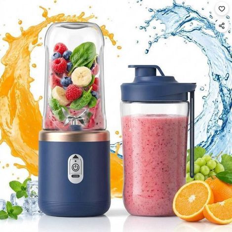 Blender portable, petit verre à jus 400 ml, rechargeable, 6 lames en acier inoxydable, en PC, bleu (1/5)