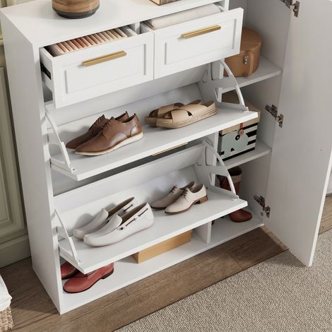 Armoire à chaussures moderne, étagères ajustables, poignées dorées, tiroirs, meuble pliant avec portes, blanc, L95/P24/H107.5. (1/5)