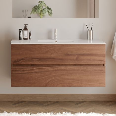 Meuble de salle de bain 120cm simple vasque - 2 tiroirs - sans miroir - noyer (bois foncé) - IDA (1/4)