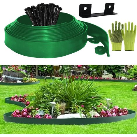 Bordure Jardin Exterieur, Bordure de Jardin Flexible Plastique 5cmx10m, Comprend 30 Pointes d'ancrage et 1 connecteurs Inclus, avec Une Paire de Gants, Bordures Jardin Décorative (Vert, 5cmx10m)