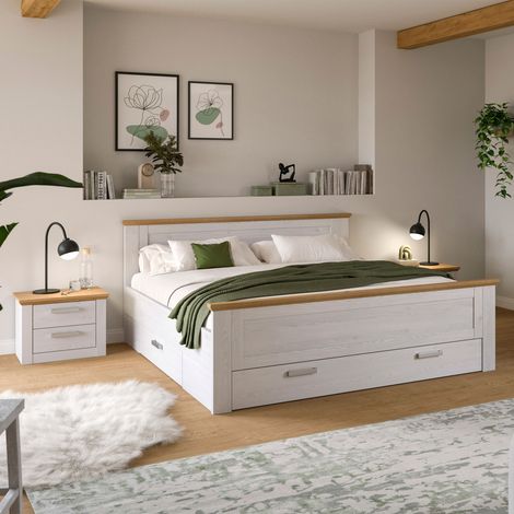 Lit avec rangement 189x209x90cm et 2 chevets décor blanc et naturel (1/5)