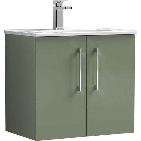 Balterley Contemporary Bathroom 2 Soft Close Door & Minimalist Wall Hung Vanity Unit Basin, Satin Green, 600mm