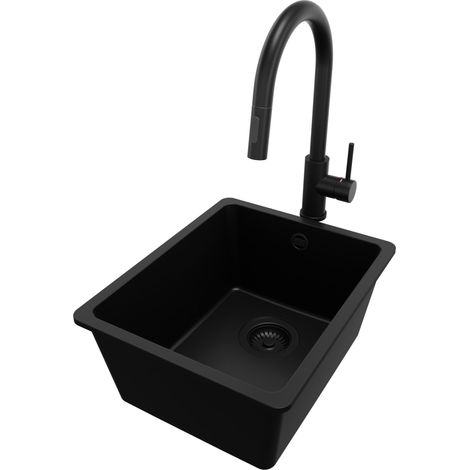 PRIMAGRAN Evier Cuisine en Granit 36x44cm, Lavabo 1 bac + Robinet 40x20cm + Kit de Vidage, Évier à Encastrer au meuble 40cm - Venise Slim Easy, Tout Noir (1/5)