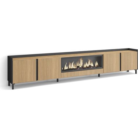 Skraut Home - Meuble TV, Banc Télé, Grand espace de Rangement, 315x35x61cm, Pour les TV jusqu'à 80", Cheminée électrique XXL, Design industriel, Style moderne, Chêne et noir (1/5)