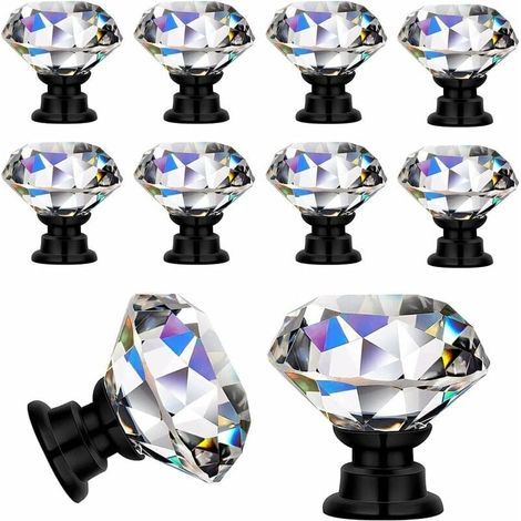 10 Pièces Poignées Boutons de porte Transparent Diamant Cristal Verre Portes Meuble Tiroir Placard Décoration Avec Vis,30mm (10PCs, Noir)-- (1/5)