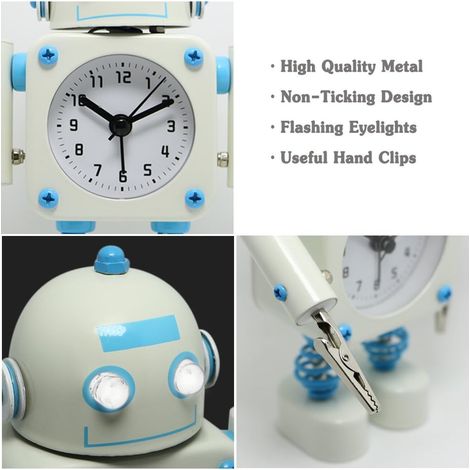 Betus [Non-ticking] Réveil robotique en acier inoxydable - Réveil avec lumières clignotantes et pince à main (Blanc) (1/4)