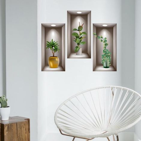 Pegatinas de pared 3D con plantas en maceta, 3 láminas, Tamaño de 1 lámina: 40 × 20 cm, Incluye 3 diseños de hojas de plantas verdes, pasillos (1/5)