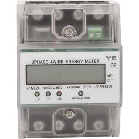Compteur d'energie triphase a 4 fils 220/380V 5-80A Consommation d'energie kWh Compteur Installation sur rail DIN Compteur electrique numerique avec ecran LCD retro-eclaire, modele: Transparent (1/3)