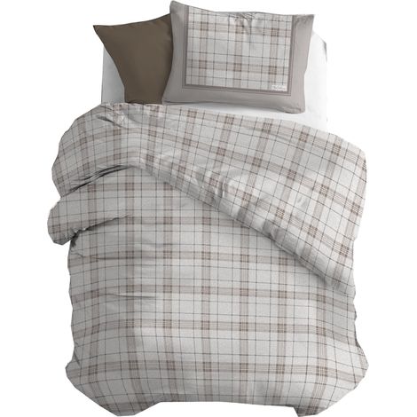 Parure de lit Simple en Flanelle 100% Coton - Housse de Couette 155 x 200 cm + taie d'oreiller 52 x 82 cm - Lavable en Machine à 40° - Motif Turin Beige (1/5)