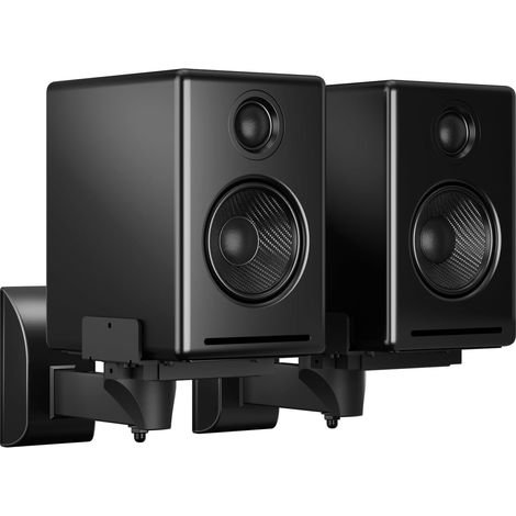 Soporte de pared para altavoces de estantería con doble abrazadera para altavoces de sonido envolvente grandes (hasta 25 kg cada uno), color negro. (1/4)
