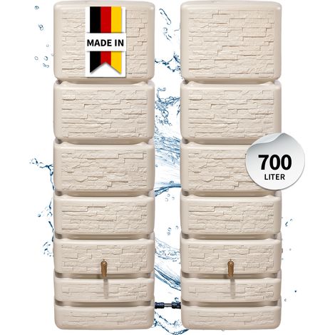 4rain Regentonne Wandtank SLIM STONE DECOR SET 700 Liter, sandbeige,2x Slim 350L, inkl. Verbinder