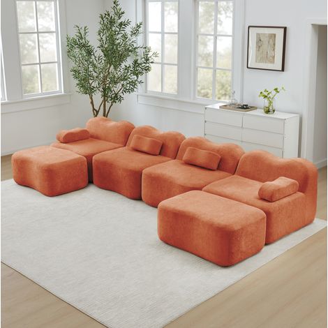 Canapé modulaire en U 384x167x70 cm orange en velours avec 2 ottomans et assises profondes (1/5)