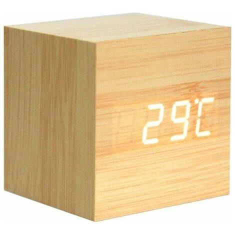 QORVA-Réveil en bois-Mini horloge numérique avec 3 niveaux de luminosité et commande vocale, parfait pour les voyages en famille (1/4)