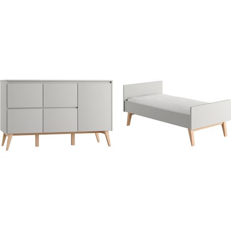 Lettino evolutivo Pinio Swing 70x140 e Cassettone 4 cassetti 1 anta Grigio e legno (1/5)