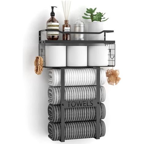 Porte-serviettes mural pour salle de bain Rangement de serviettes avec étagère en bois et panier en métal, idéal pour les petites salles de bain, camping-cars, caravanes, noir. (1/5)