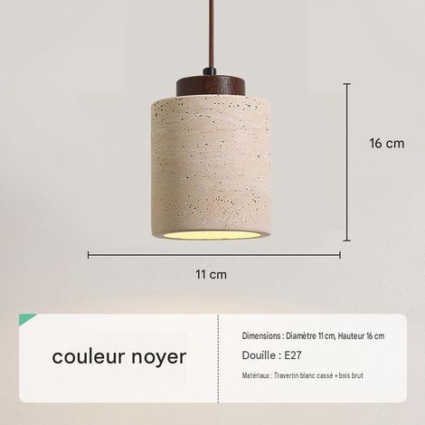 Suspension B noyer, pierre travertin, douille E27 220V, LED chaud