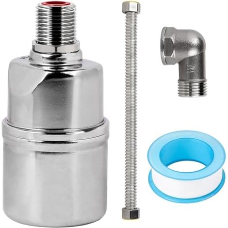 Vanne à flotteur 1/2" en acier inoxydable 304, vanne de contrôle de niveau d'eau avec joint d'étanchéité et tube ondulé pour piscines, baignoires et entrées latérales. (1/5)