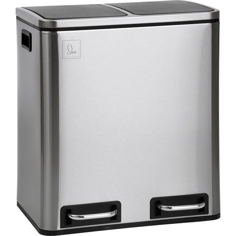 Svita – Poubelle à pédale 30L – 2 compartiments avec couvercles à fermeture lente – Acier inoxydable argent – Système de tri sélectif