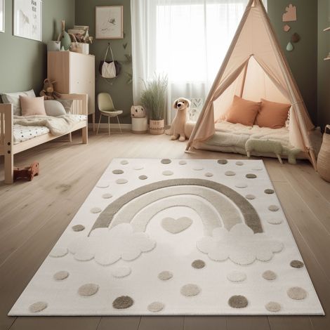 Paco Home Moderner Kinderteppich Spielteppich weicher Flor 3D-Effekt Kinderzimmer Creme Sand 80x150 cm