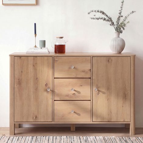 Buffet de rangement 120x40x80 cm, 3 tiroirs, 2 portes, 2 compartiments, effet chêne, poignées métal argenté (1/5)