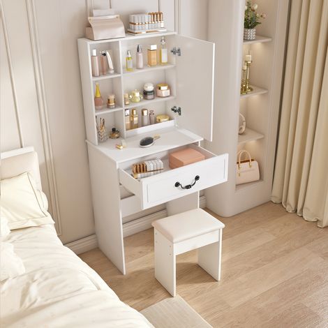 Weißer Schminktisch mit dimmbarem LED-Spiegel, Stauraum und gepolstertem Hocker OKMYHOME (1/5)