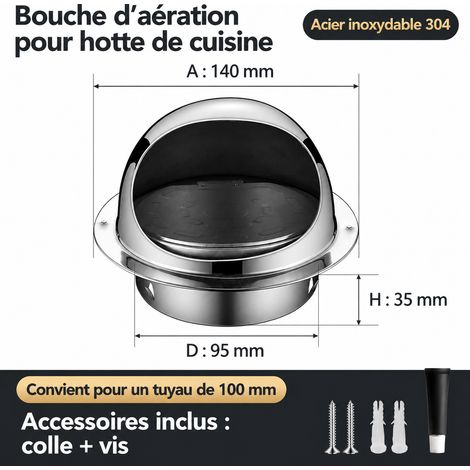 Chapeau de ventilation mural avec clapet anti-retour inox 304 épaissi φ100mm 304 φ100mm réf 6368 1 kg – Livraison gratuite
