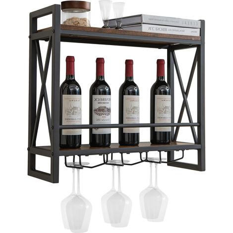 COSTWAY Casier à Bouteilles Mural Industriel, Étagère de Rangement à 2 Niveaux avec 3 Porte-Verre à Pied, Étagère à Vin pour Cuisine, Bar, Salle à Manger, 20 x 60 x 55 cm (1/5)