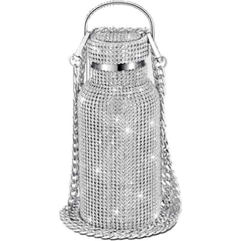 Bouteille d'eau Bling argentée à strass et paillettes avec chaînette 350ml-- (1/5)
