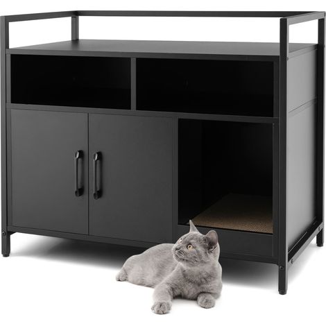 COSTWAY Cat Litter Box Enclosure Hidden Cat Washroom w/ Double Doors-Black (1/5)