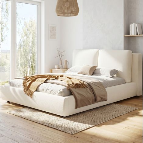 Lit adulte 180x200 avec sommier Bouclé beige HAVRYA (1/5)