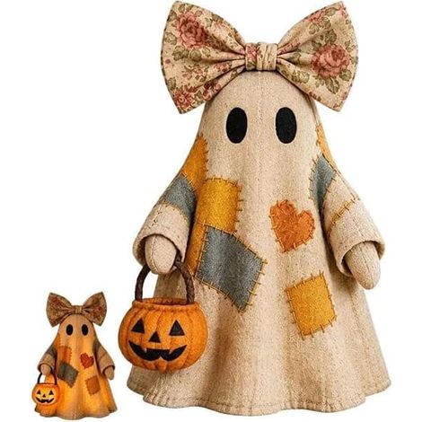 Décoration d'Halloween fantôme vintage patchwork illuminée, figurine de fantôme LED à poser sur une table, style rustique et champêtre, ambiance automnale mignonne et effrayante (1/5)