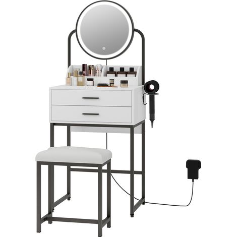 Puluomis – Coiffeuse enfant avec miroir LED et tabouret – Éclairage réglable – 2 tiroirs et support sèche-cheveux – Design moderne noir (1/5)