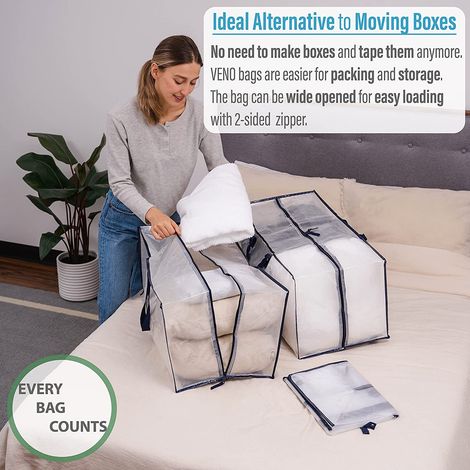 Lot de 4 grands sacs de rangement résistants, zippés avec porte-étiquette, idéaux pour déménagement, tri de vêtements, linge sale, emballage, House E Clear - Pack de 4 (1/4)