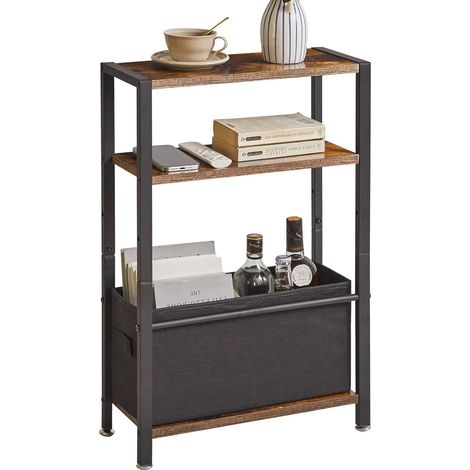 Table d'appoint, Petite Table de Chevet étroite à 3 Niveaux avec étagère de Rangement, Bout de Canapé Fines avec Panier en Tissu pour Espaces étroits et Petits, Marron Rustique, YD-TM052H (1/5)