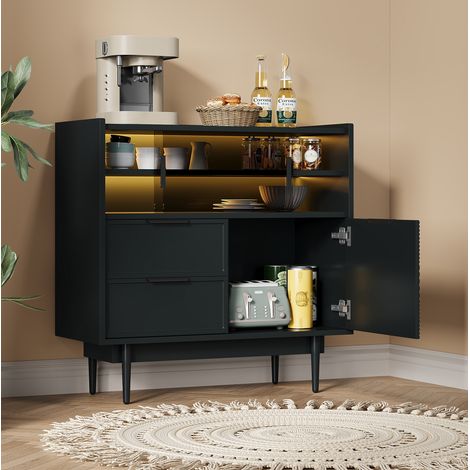 Aufbewahrungsschrank 80 cm schwarz MDF mit Glasschiebetüren, LED-Lichtleiste und offenen Fächern (1/5)