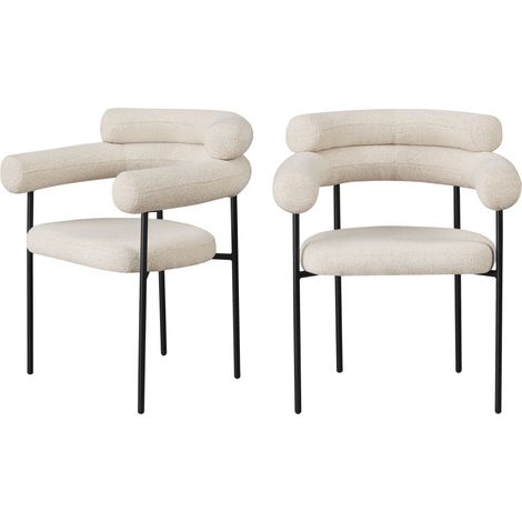 Drawer – Lot de 2 fauteuils de table en tissu bouclette – Structure métal robuste – Assise rembourrée 47,5cm – Design scandinave contemporain – Écru (1/5)