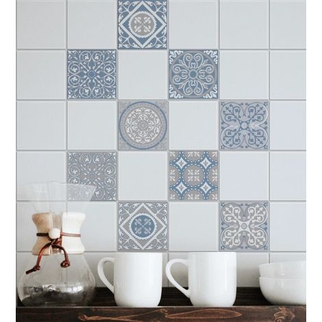 Sticker mural carrelage adhésif 10x10cm, x9 motif carreaux ciment ancien bleu clair et gris. Autocollant décoratif Souris. (1/2)