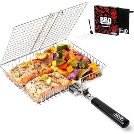 Grillkorb Edelstahl faltbar mit Griff für Fisch Gemüse BBQ Outdoor (1/5)