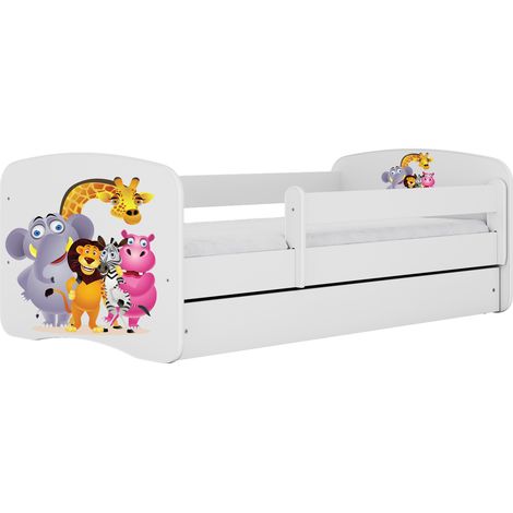 Lit enfant 70x140 cm avec tiroir et barrière avec matelas blanc motif Zoo (1/5)