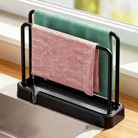Organiseur de cuisine - Égouttoir d'évier avec bac d'égouttement, support multifonction pour éponge et brosse à vaisselle, porte-serviettes, peu encombrant pour rebord de fenêtre, coin de (1/5)