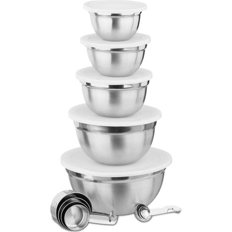 Relaxdays 18-Piece Kitchen Accessory Set, 5 x Lidded Mixing Bowl, Measuring Spoons & Cups, Stainless Steel, Silver/White