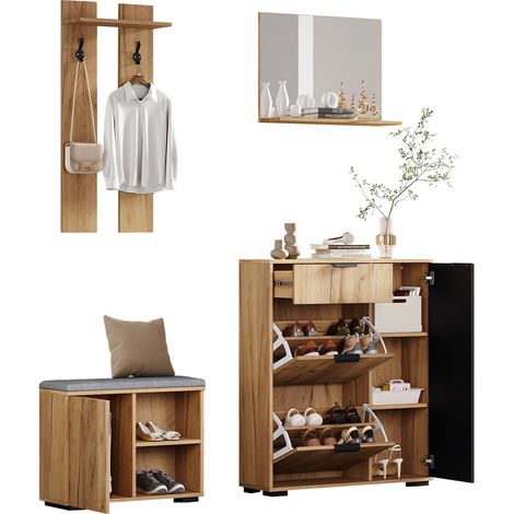 Mueble de Entrada con 4 Puertas, Banco Zapatero, Espejo, 1 Cajón y 2 Ganchos, Estilo Moderno, en Tablero de Partículas, Natural, 140×35×139 cm (1/5)