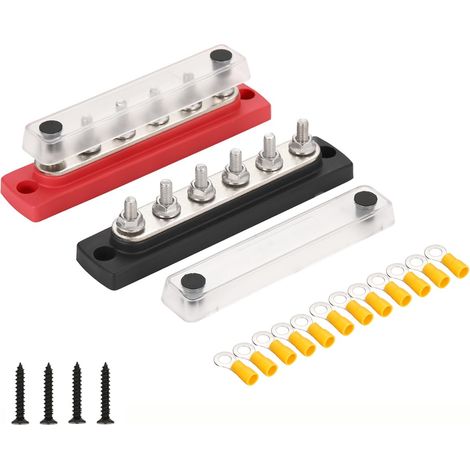 1 Paire Barre omnibus à 6 positions DC 12-48V 150A,bornier de distribution d'alimentation de batterie à 6 voies avec couvercle transparent (1/4)