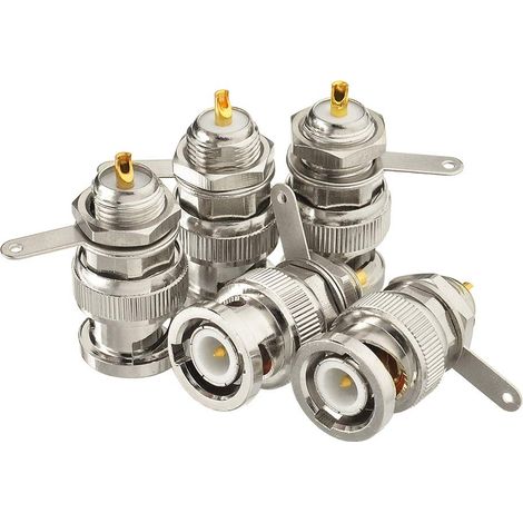 Connecteur BNC Mâle 50 Ohm Montage Panneau Écrou Enfichable Traverse de Panneau Manchon à Sertir pour Antenne, Station de Base, Analyseur de Specteau/Réseau, Carte de Test, RF Câble 5 Pièces (1/5)