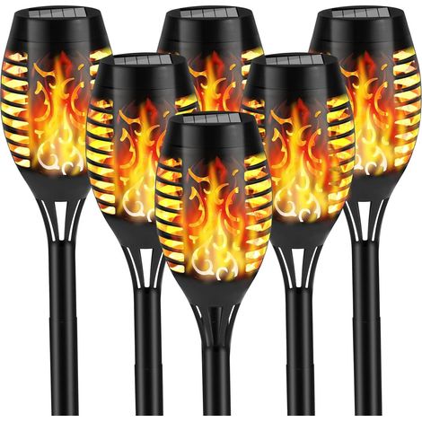 Terrassenbeleuchtung für Wege, Rasen und Terrasse (schwarz, 6 Stück), solarbetriebene Außenleuchte mit Flammeneffekt, solarbetriebene Taschenlampe mit (1/5)