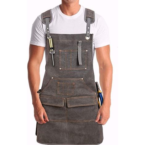 Tablier de travail en toile cirée robuste avec 9 poches, tabliers à sangle réglable, gris (1/5)