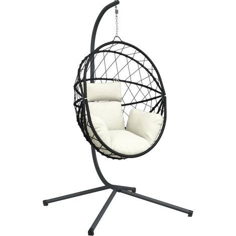 Chaise suspendue en forme d'œuf et support beige rotin et acier CFW649681 (1/5)