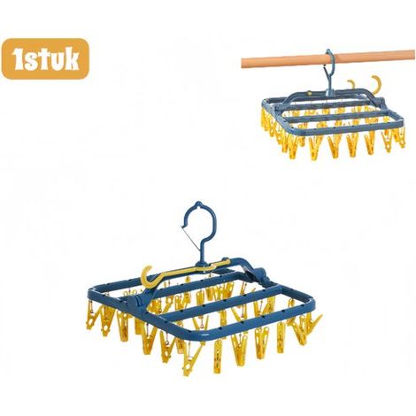 pièce - Étendoir à linge - 32 pinces - Étendoir latéral multifonctionnel - Pour chaussettes et sous-vêtements - Gain de place - Blauw et jaune (1/5)